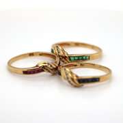 18K 3 Gold Rings with Diamonds, Emeralds, Rubies, and Topaz