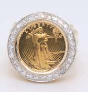 Yellow Gold Diamond Coin Ring with a Ridged Tapered Shank