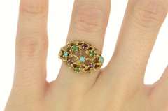 14K Yellow Gold Retro Emerald Ruby Turquoise Domed Cocktail Ring