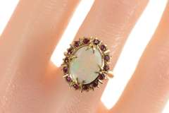 18K Yellow Gold Victorian Natural Opal Ruby Halo Statement Ring