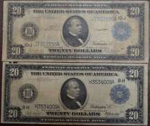 Lot Of 2 $20 Large Size Federal Reserve Notes, Circulated. FR.992, FR.1002