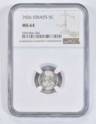 MS64 1926 Straits Settlements 5 Cents - Graded NGC