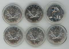 6 Gem BU 2011 Canada 1oz pure .9999 Silver Maple Leafs. Capsules