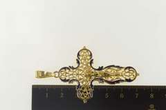 18K Yellow Gold Crucifix Scroll Enamel Cross Christian Pendant