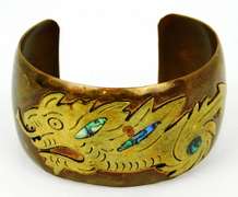 Early Mexico Mixed Metals & Shell Dragon Cuff