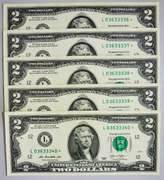 (5) Crisp Exceptional 2013 $2 Star Replacement Notes San Francisco-Consecutive!
