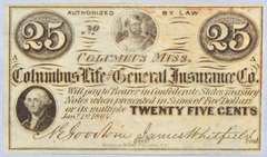25 Cent Columbus Mississippi Life &General Insurance Company Jan 1 1864 Note
