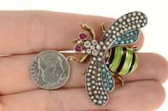 14K Yellow Gold Victorian Diamond Enamel Seed Pearl Fly Pin/Brooch
