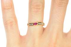 10K Yellow Gold Marquise Syn. Ruby Diamond Wavy Band Ring