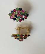 14kt Yellow Gold, Blue Sapphire, Ruby, & Emerald Earrings