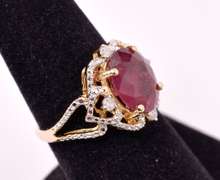 Radiant 4.72CTS Ruby and 0.17CTW Diamond Ring in Gold Plated Sterling Silver