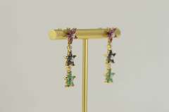 14K Yellow Gold Emerald Sapphire Diamond Flower Dangle Earrings