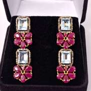 Ravishing 95.00CTW Rubies & Blue Topaz with 1.50CTW Diamond Necklace & Earrings Set in Gold Plated Sterling Silver