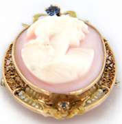 Antique Coral and Pearl Cameo Brooch Pendant