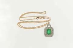 18K Yellow Gold 3.20 Ctw Very Fine Natural Emerald Diamond Necklace