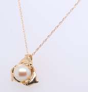 Charming Yellow Gold 8mm Pearl Dolphin Pendant on Chain