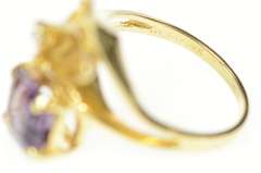 14K Yellow Gold Amethyst Emerald Cut Leaf Design Diamond Ring