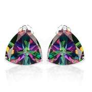 100% SOLID 10K WHITE GOLD TRIANGLE SHAPE MYSTIC GEMSTONE EARRINGS STUD