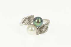 14K White Gold White & Tahitian Pearl Diamond Retro Bypass Ring
