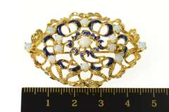 14K Yellow Gold Ornate Victorian Opal Blue Enamel Elaborate Pin/Brooch