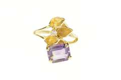 14K Yellow Gold Amethyst Emerald Cut Leaf Design Diamond Ring