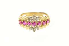 10K Yellow Gold Retro Syn. Ruby Diamond Floral Petal Band Ring