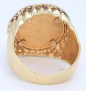 Yellow Gold Diamond Coin Ring with a Ridged Tapered Shank