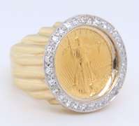 Yellow Gold Diamond Coin Ring with a Ridged Tapered Shank