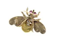 14K Yellow Gold Victorian Diamond Enamel Seed Pearl Fly Pin/Brooch