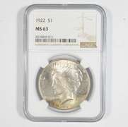 MS63 1922 Peace Silver Dollar - Graded NGC Toned