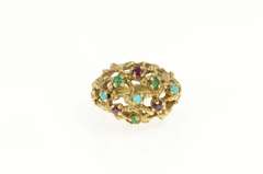 14K Yellow Gold Retro Emerald Ruby Turquoise Domed Cocktail Ring
