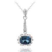 Sterling Silver 2.75ct London Blue Topaz & Diamond Accent Vintage Emerald Cut Necklace