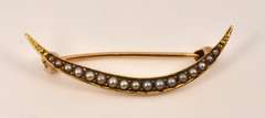 Vintage 14k Seed Pearl Crescent Brooch
