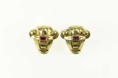 14K Yellow Gold 1930's Syn. Ruby Ornate Scroll Screw Back Earrings