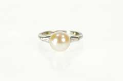 Platinum Retro Pearl Baguette Diamond Engagement Ring
