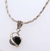Vintage Sterling Silver Black onyx Heart Shaped Pendant on Chain