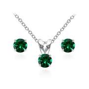 Sterling Silver Simulated Emerald 5mm Round Solitaire Pendant Necklace and Stud Earrings Set