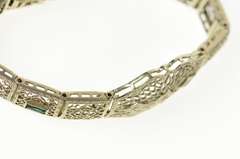 14K White Gold Art Deco Filigree Diamond Syn Emerald Bracelet