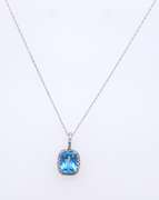 Dreamy White Gold Cushion Cut Blue Topaz and Diamond Pendant on Chain