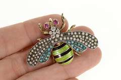 14K Yellow Gold Victorian Diamond Enamel Seed Pearl Fly Pin/Brooch