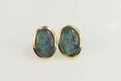 14K Yellow Gold Oval Retro Opal Mosaic Classic Stud Earrings
