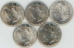 5 Diff. Choice BU Morgan & Peace Silver Dollars 1921 to 1925