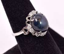 Darling 6.09CTS Cabochon-Cut Star Sapphire and 0.35CTW Diamond Ring in Sterling Silver