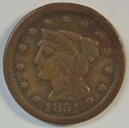 Very Scarce 1851/81 Braided Hair Large Cent in VF