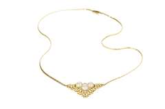 14K Yellow Gold Ornate Pearl Diamond Scrollwork Statement Necklace