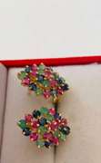 14kt Yellow Gold, Blue Sapphire, Ruby, & Emerald Earrings