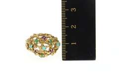 14K Yellow Gold Retro Emerald Ruby Turquoise Domed Cocktail Ring