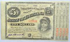 $ 5 State of Louisiana 1870 s Series Baby Bond.