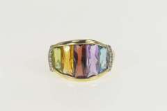 10K Yellow Gold Faceted Rainbow Diamond Statement Band Ring