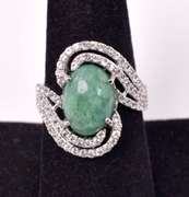 Mesmerizing 5.42CTS Cabochon-Cut Natural Emerald & 1.31CTW White Sapphire Ring in Sterling Silver